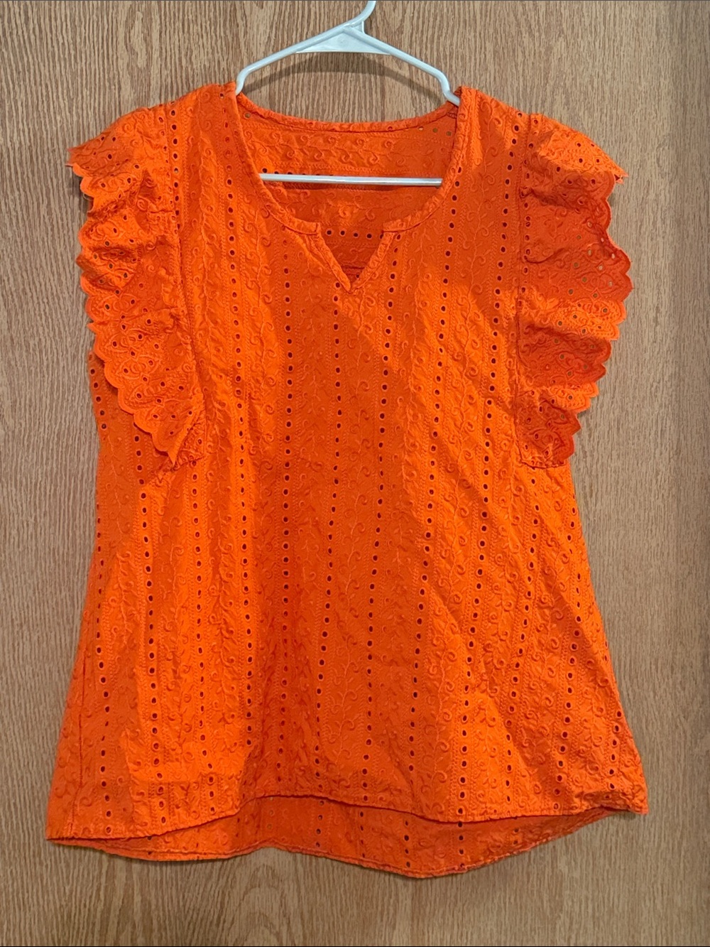 Bright Orange Eyelet Ruffle Sleeve Tunic